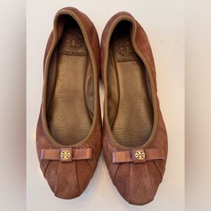 Tory Burch Brown Suede Bow Ballet Flats with Gold Logo